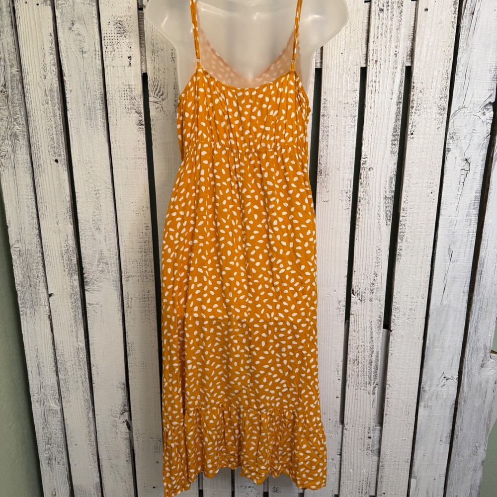 Brovave Mustard Yellow Abstract Polka Dot Midi Sundress Size L Ruffle Hem Boho - Picture 5 of 11